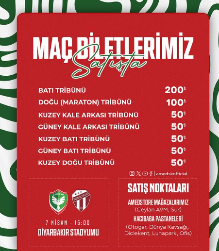 Amedspor’un Bursa ekibiyle yapacağı maçın biletleri satışa çıktı