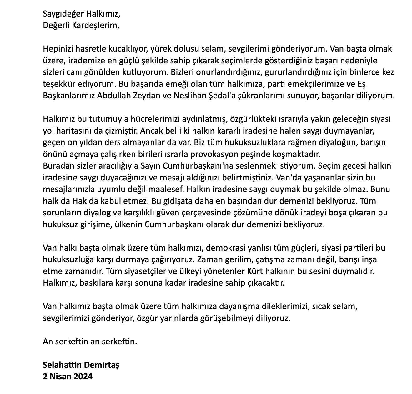Demirtaş’tan Erdoğan’a Van çağrısı: Dur demenizi bekliyoruz!