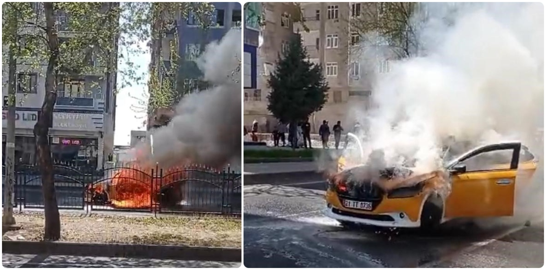 Diyarbakır’da hareket halindeki taksi cayır cayır yandı!